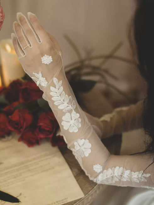 Floral Embroidered Sheer Bridal Gloves – Long Wedding Gloves